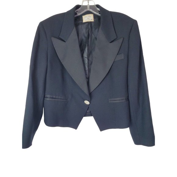 Vintage 90s Robin Elliot Womens Black Tuxedo Jacket Shoulder Pads Rhinestones - Picture 1 of 7